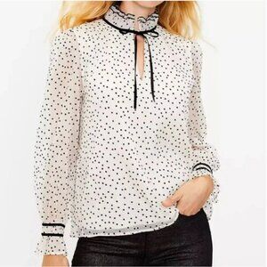 Ann Taylor Loft Flocked Polka Dot Blouse Ruffle neck & cuffs velvet tie closure